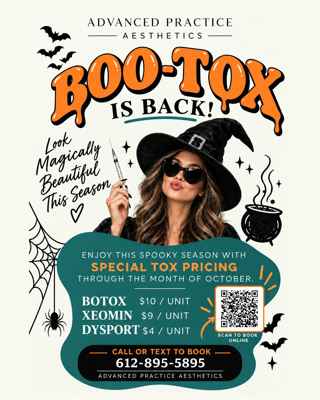 Boo-Tox is back! Special tox pricing through the month of October: Botox $10/unit, Xeomin $9/unit, Dysport $4/unit. Call or text to book: 612-895-5895.